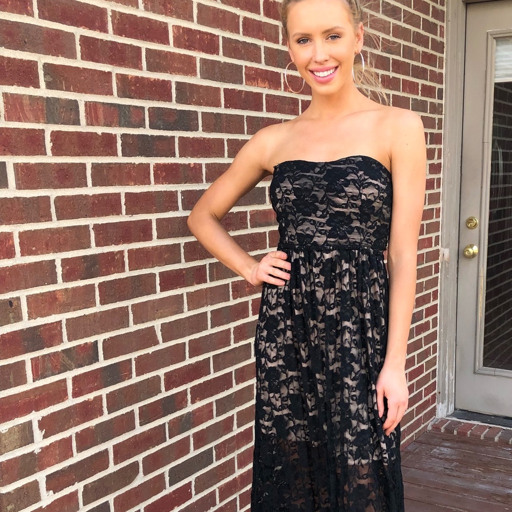 Black lace strapless maxi dress